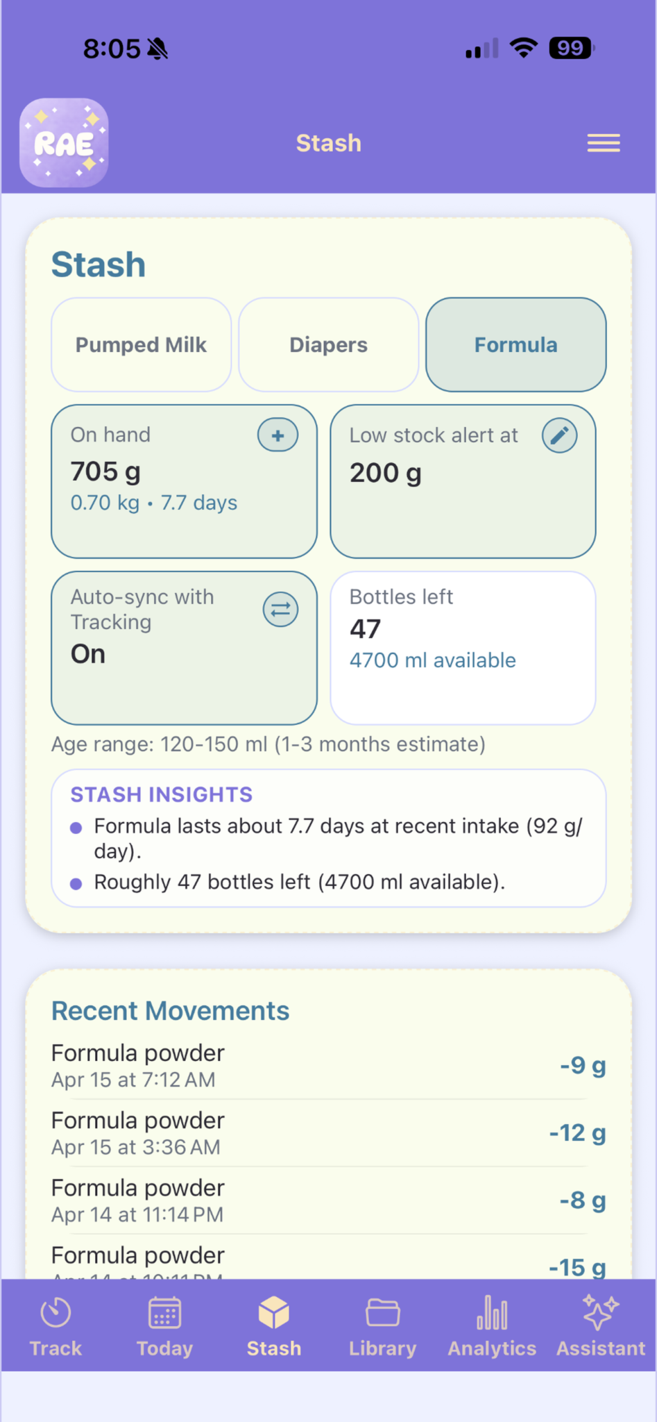 Daly Rae stash screen showing formula inventory and recent movements