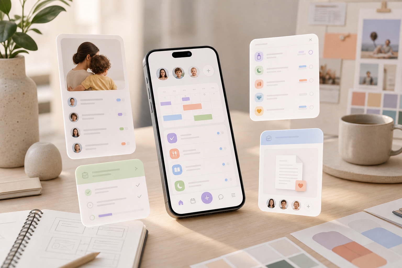 Warm studio workspace with mobile app interface mockups